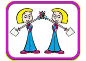 Cartoon of two identical people with their arms raised and joined in the middle, each holding a piece of paper in their other hand.