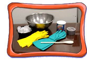 Photograph of tools including two pairs of rubber gloves, a spoon, Crisco, duct tape, ice and a bowl on a table inside of a cartoon frame.