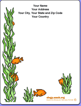 Stationery template with an illustration of brightly colored fish swimming amongst tall sea kelp along the left side and shorter kelp on the bottom.