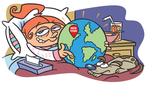 red-haired girl sick in bed holding a globe with New York labeled