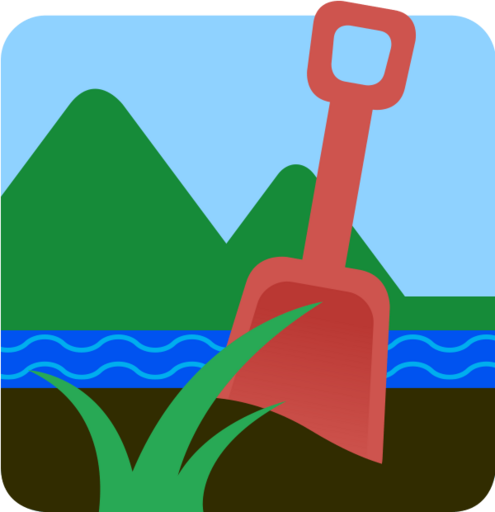 A plastic shovel in dark, rich soil with a stream and mountains in the background. 