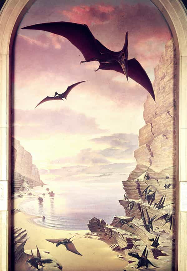 painting of pterodactyls flying over craggy rocks