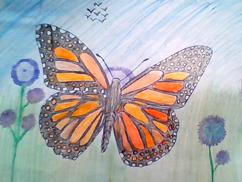 monarch butterfly illustration with background of flowers and birds flying in blue sky