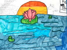 drawing of a lotus in its environment with diagramming of its parts