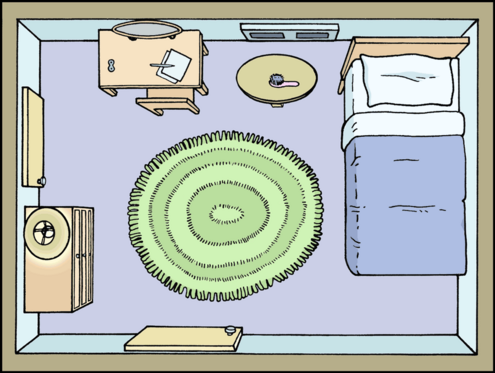 Illustration of a bedroom as seen from above. 