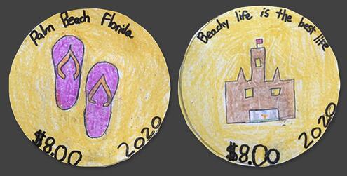 hand drawn coin with flip flops, the year 2020, the value $8 and words Palm Beach Florida on one side. Side two says Beachy Life is the Best Life
