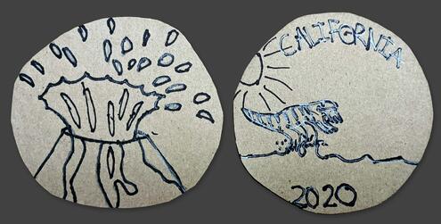 hand drawn coin with volcano exploding on one side and California, a dinosaur and year 2020 on the other side