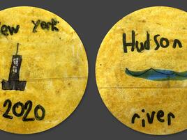 hand drawn coin with year 2020 and words New York on one side and Hudson River on the other