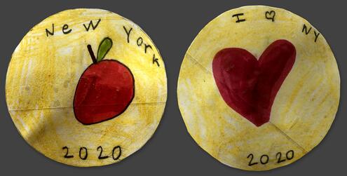 hand drawn coin with an apple, the words New York, and 2020 on one side. A hear and I love NY on the other