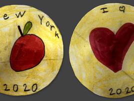 hand drawn coin with an apple, the words New York, and 2020 on one side. A hear and I love NY on the other