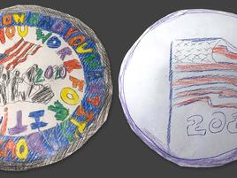 hand drawn coin with motto and year 2020 on one side and American flag on the other