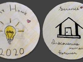 hand drawn coin with year 2020, a light bulb and words My Home on one side and the words Science Discoveries Remain Forever on the other side
