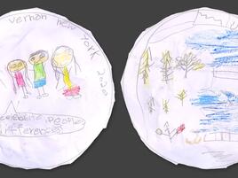 hand drawn coin with drawing of kids and words Mount Vernon New York 2020, and a nature scene on the back side