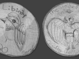 hand drawn coin design with a bird, word Libirdy, and date 2020 on one side and eagle drawing on the other side