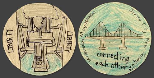 hand drawn coin on a monument on one side with words Liberty and a bridge on the other side 