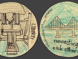 hand drawn coin on a monument on one side with words Liberty and a bridge on the other side 