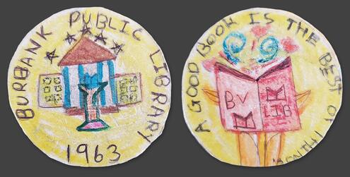 hand drawn coin with Burbank Public Library and year 1963 on one side and a book on the other with motto