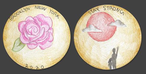 hand drawn coin with rose on one side and date 2020 and 2 people looking at sunset with words Stay Strong on the other side