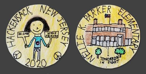 hand drawn coin with child holding signs that say Be Kind, Make Friends on one side and an elementary school one the other side