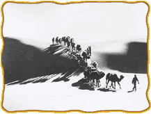 Illustration of a person leading a caravan of camels over a sandy dune.