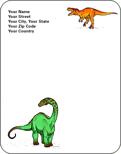 Stationery template with colorful illustrations of an Apatosaurus in the bottom left corner and a Tyrannosaurus rex in the upper right corner.
