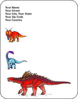 Stationery template with colorful illustrations of dinosaurs—a Gastonia, Gondwanatitan, and Achelosaurus—at the bottom and left side of page.