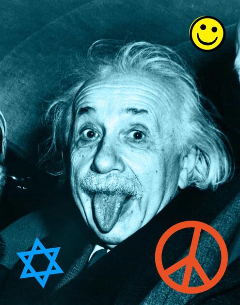 Closeup of Einstein sticking his tongue out with a peace sign, star of David, and happy face in the background. 