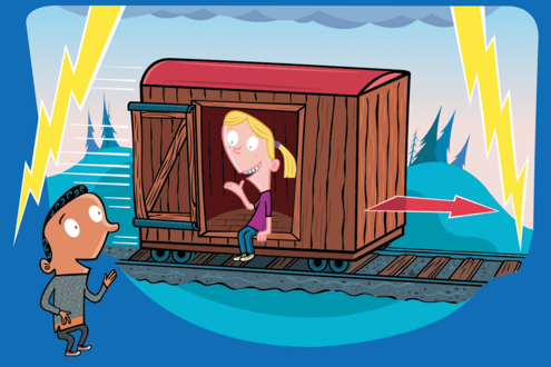 Cartoon of a person sitting in doorway of railroad box car talking to a person standing on the ground outside. A red arrow extends forward from boxcar