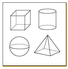 Geometric renderings of four three-dimensional shapes: a cube, a cylinder, a sphere, and a pyramid.