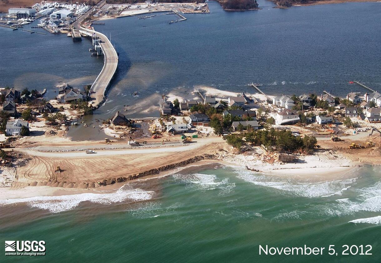 A November 5, 2012 photo of Mantoloking, New Jersey, showing destruction to homes, beach, and the Mantoloking Bridge connecting the town to the Jersey mainland after Hurricane Sandy.