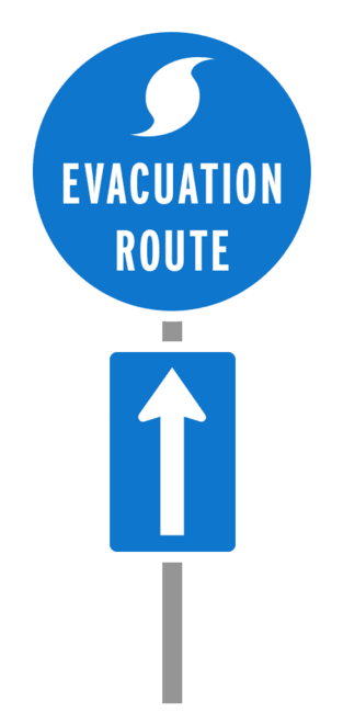 Sign with hurricane icon and text reading "evacuation route" with arrow pointing up 