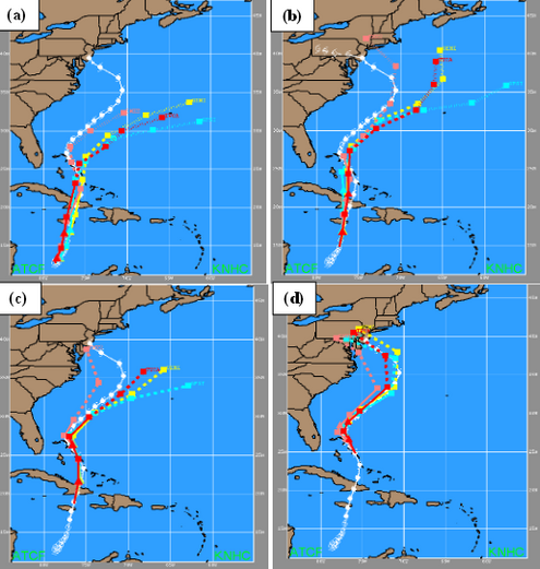 Four images showing different hurricane paths. In two images, the forecasted paths reach land; in two images, the paths do not reach land.