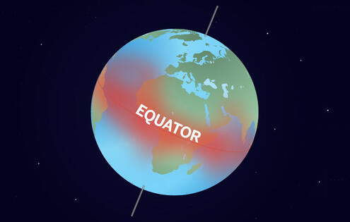 Planet earth, titled on its axis, with a red glowing band around the middle to indicate the equator. 