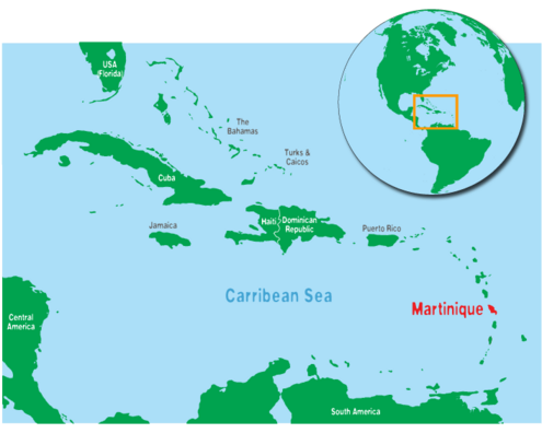 A map of the Caribbean Sea, highlighting the island of Martinique, with inset map of North and South America