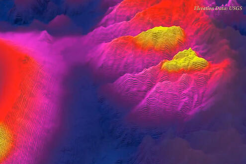 Thermal image of Mt. Etna, with temperature visualized in shades of yellow, red, magenta and purple
