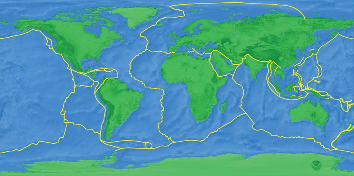 map of world, with yellow lines demarcating plate boundaries