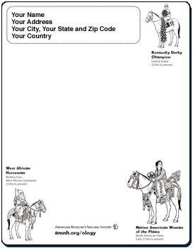 Stationery template with line illustrations of three figures on horseback—a West African, a Native American, and a Kentucky Derby champion.