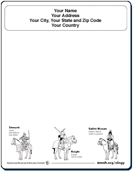 Stationery template with line illustrations of three historical figures on horseback—a samurai, a knight, and a Sakha woman—on the bottom of the page.