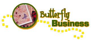 Text reading "Butterfly Business" beside a circular image of a piece of paper with a butterfly on it, underlined by a bright, curving line of dots.