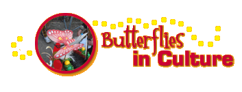 Stylized text reading "Butterflies in Culture" beside a circular image of a colorful, spotted butterfly with a bright line of dots curving over it.