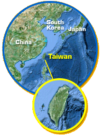 Two overlapping circles, one showing a map of Taiwan in relation to China, South Korea, and Japan and one showing a zoomed in view of Taiwan.