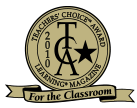 A circular seal with text "Teacher's Choice Award | Learning Magazine" around perimeter, "TCA 2010" in center, and "For the Classroom" in a banner.