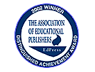 A circular seal with text "The Associated of Educational Publishers" at center and "2002 Winner | Distinguished Achievement Award" on the border.