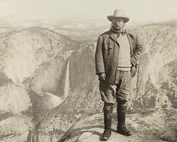 Theodore Roosevelt in field attire standing on a rocky mountaintop with a panorama of deep rocky gorges and a waterfall in the background.