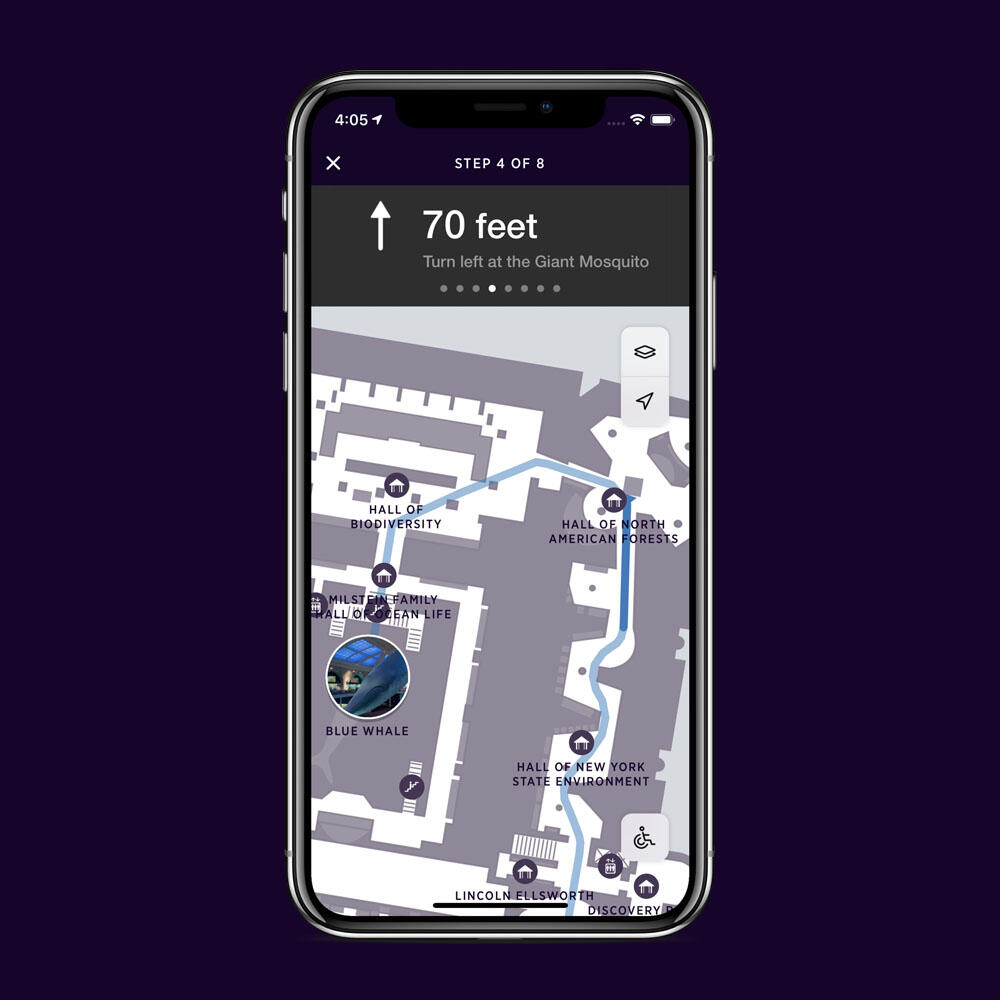 Explorer app screen displays a map of the halls of the American Museum of Natural History.