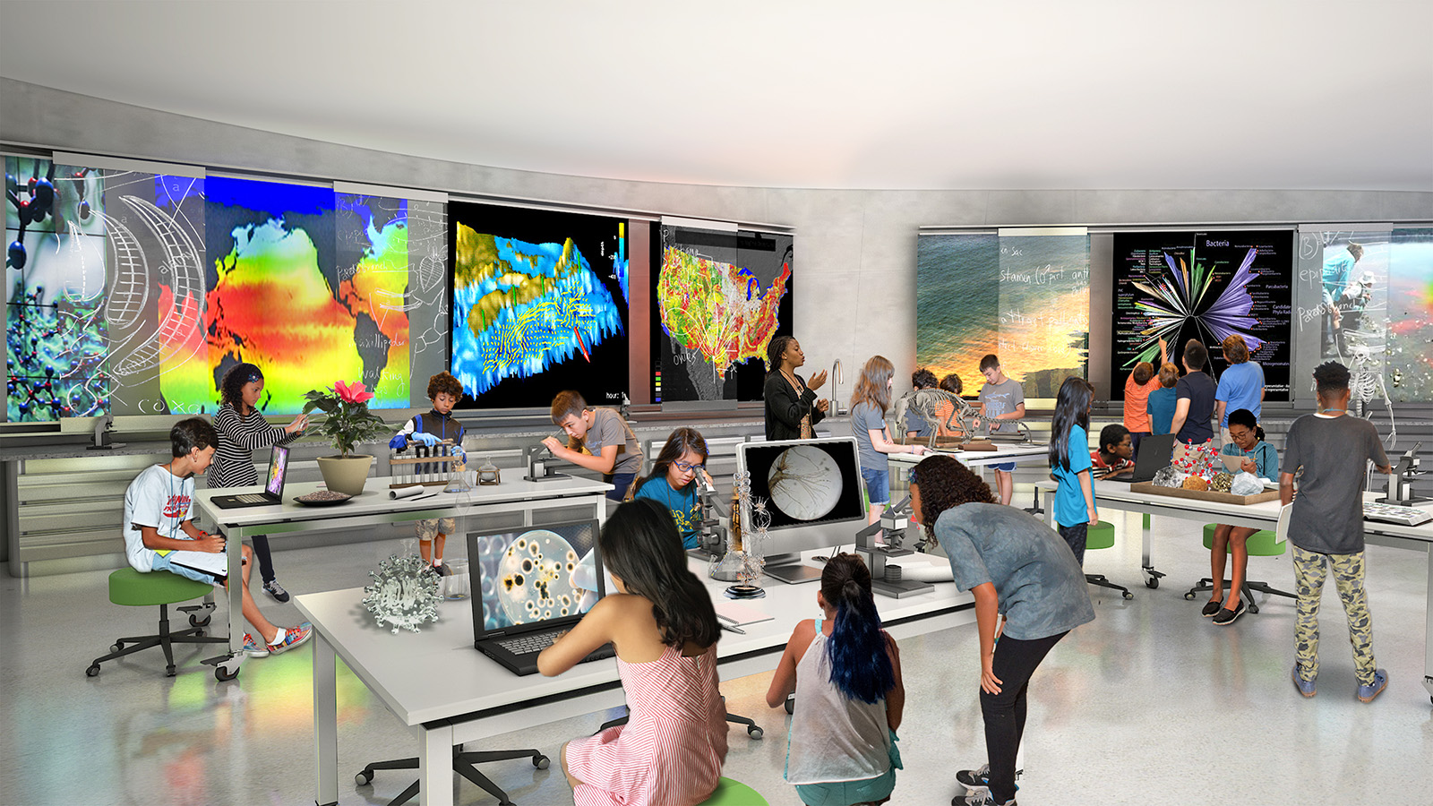 Rendering shows an open space with students and teachers surrounded by desktop and wall-mounted digital screens displaying bright visuals.