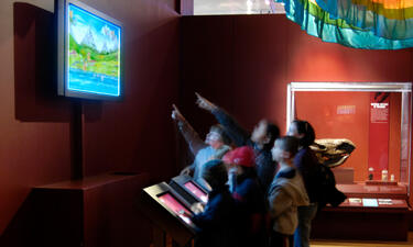 A group of children surround a group of digital display screens and look up while pointing at a monitor showing animated dragons