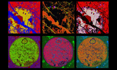 Six squares show colorful mineral samples