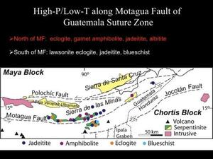 A slide titled "High-P/Low-T along Motagua Fault of Guatemala Suture Zone" with a map.