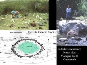 A slide titled "Jadeite occurrence North side, Motogua Fault, Guatamala" with a map of jadeite blocks